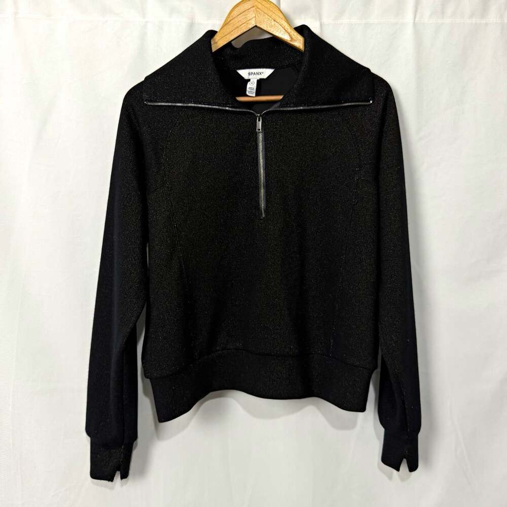 SPANX Women's Black Solid Knit 1/4 Zip Long Sleeve Sweatshirt Size M